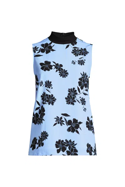 Lands' End Women's Regular Sleeveless Mock Neck Crinkle Blouse In Blue