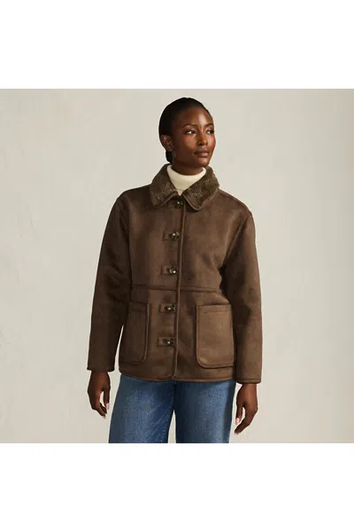 Lands' End Women's Reversible Faux Shearling Fleece Button Front Coat In Brown