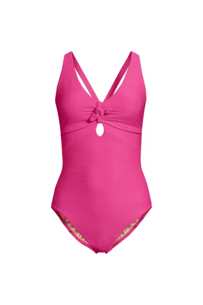 Lands' End Women's Ribbed Knot Front One Piece Swimsuit In Pink