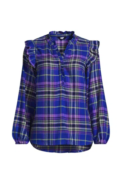 Lands' End Women's Ruffle Front Flannel Popover Blouse In Blue