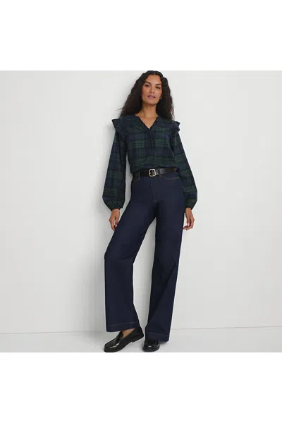 Lands' End Women's Ruffle Front Flannel Popover Blouse In Green