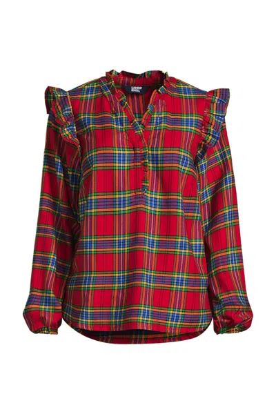 Lands' End Women's Ruffle Front Flannel Popover Blouse In Red