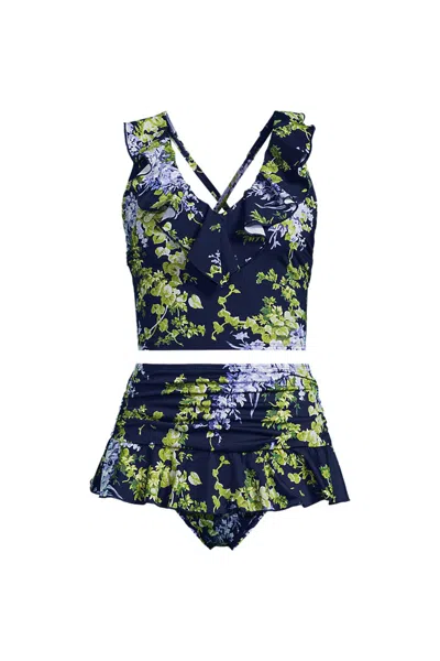 Lands' End Women's Ruffle Midkini Top And High Waisted Bottom Swimsuit Set In Blue