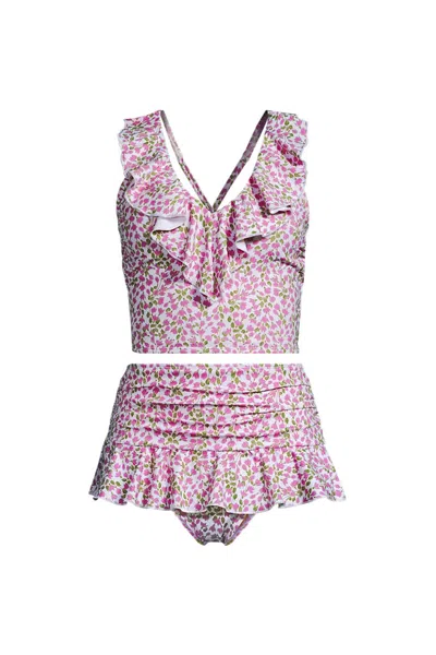 Lands' End Women's Ruffle Midkini Top And High Waisted Bottom Swimsuit Set In Pink