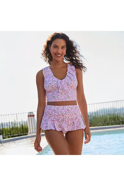 Lands' End Women's Ruffle Midkini Top And High Waisted Bottom Swimsuit Set In Pink