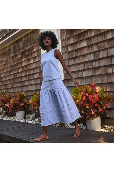 Lands' End Women's Seersucker Pull On Midi Skirt In Blue