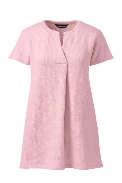 Lands' End Women's Seersucker Short Sleeve Notch Neck Tunic Top In Pink