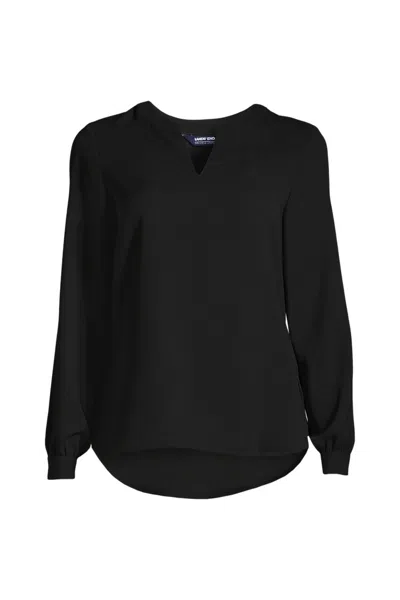 Lands' End Women's Shirred Long Sleeve Split Neck Blouse In Black