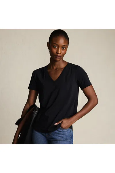Lands' End Women's Short Sleeve Lightweight Jersey Gathered Shoulder T-shirt In Black