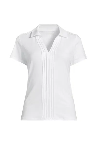 Lands' End Women's Short Sleeve Lightweight Jersey Pintuck Open Collar Polo In White