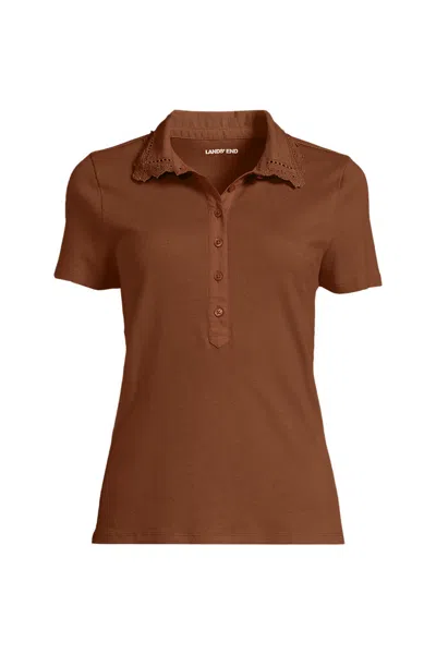 Lands' End Women's Short Sleeve Micro Rib Woven Collar Polo In Brown
