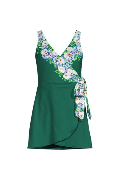 Lands' End Women's Side Tie Mini Swim Dress Swimsuit In Green
