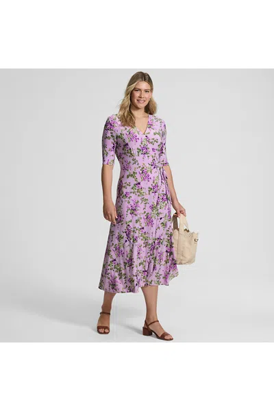 Lands' End Women's Silky Knit Elbow Sleeve Wrap Midi Dress In Purple