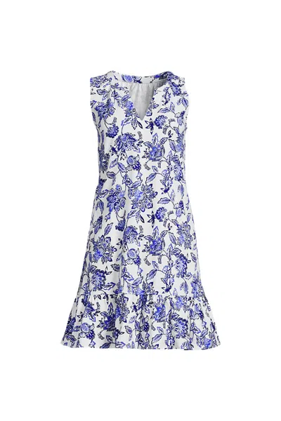 Lands' End Women's Sleeveless Cotton Jersey Notch Neck Flounce Dress In Blue
