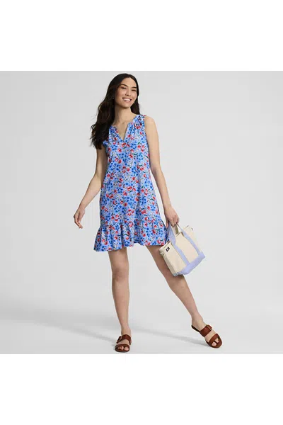 Lands' End Women's Sleeveless Cotton Jersey Notch Neck Flounce Dress In Blue
