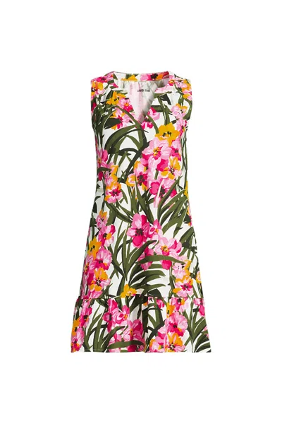 Lands' End Women's Sleeveless Cotton Jersey Notch Neck Flounce Dress In Multi
