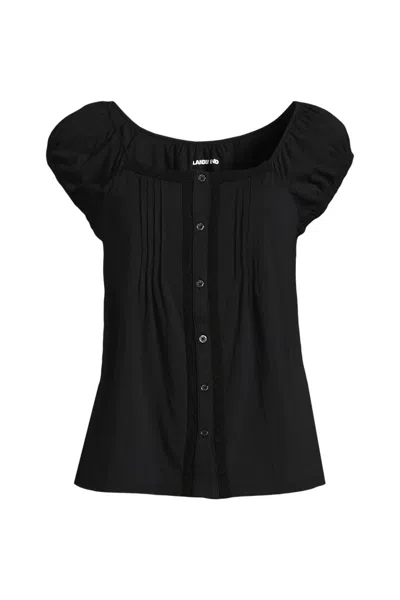 Lands' End Women's Sleeveless Lightweight Jersey Pintuck Button Front Blouse In Black