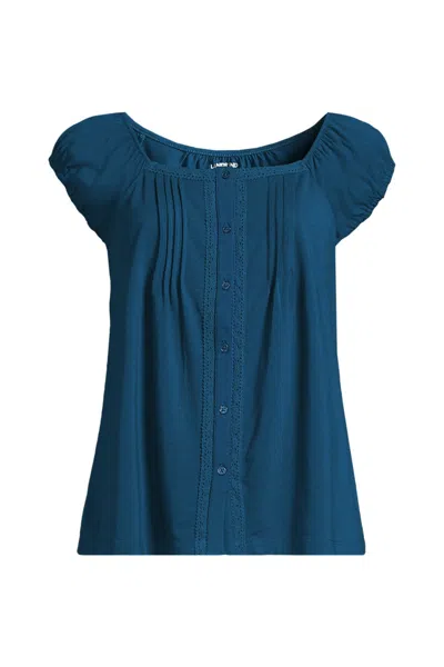Lands' End Women's Sleeveless Lightweight Jersey Pintuck Button Front Blouse In Blue