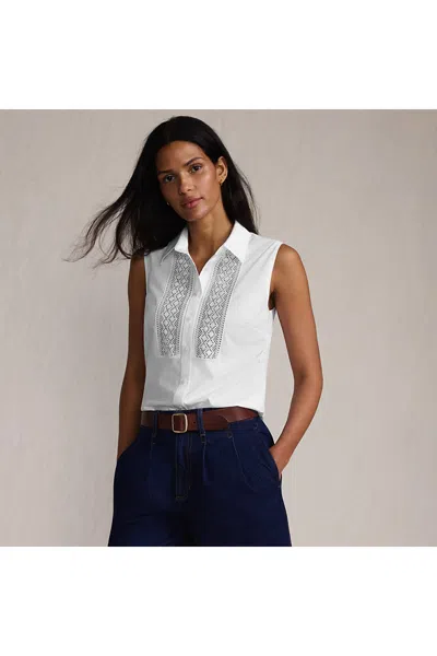 Lands' End Women's Sleeveless No Iron Shirt With Lace Inset In White