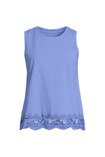 Lands' End Women's Sleeveless Slub Crew Neck Lace Trim Tank Top In Blue