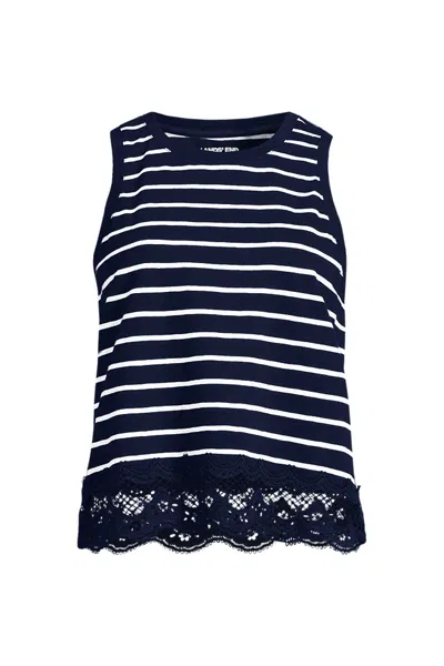 Lands' End Women's Sleeveless Slub Crew Neck Lace Trim Tank Top In Blue
