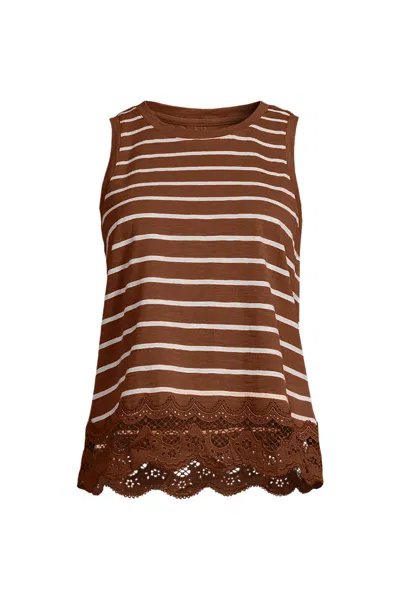 Lands' End Women's Sleeveless Slub Crew Neck Lace Trim Tank Top In Brown