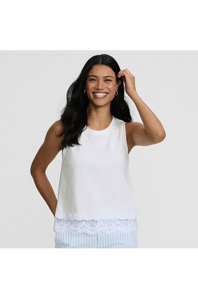 Lands' End Women's Sleeveless Slub Crew Neck Lace Trim Tank Top In White