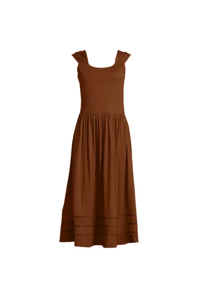 Lands' End Women's Slub Cap Sleeve Shirred Skirt Midi Dress In Brown