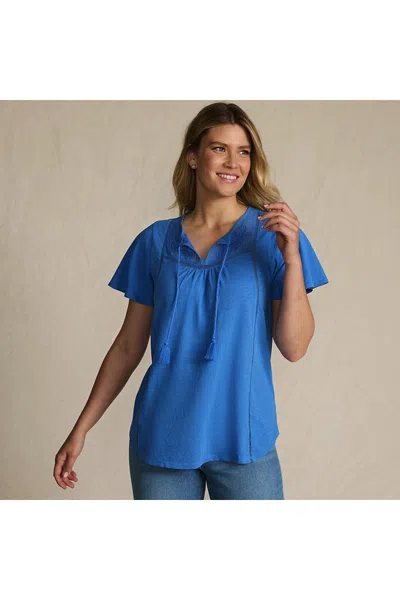 Lands' End Women's Slub Flutter Sleeve Lace Trim Notch Neck Tunic Top In Blue