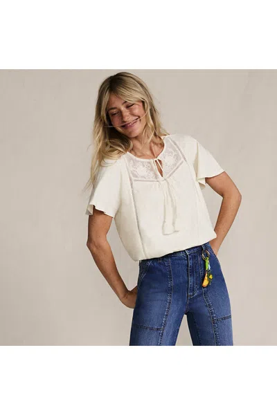Lands' End Women's Slub Flutter Sleeve Lace Trim Notch Neck Tunic Top In White