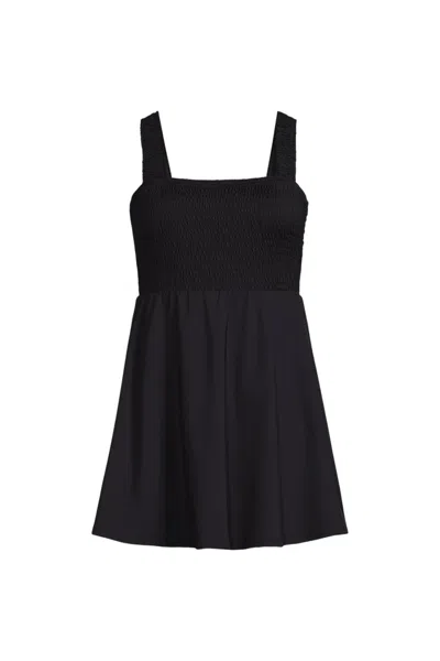 Lands' End Women's Smocked Swim Dress Swimsuit In Black