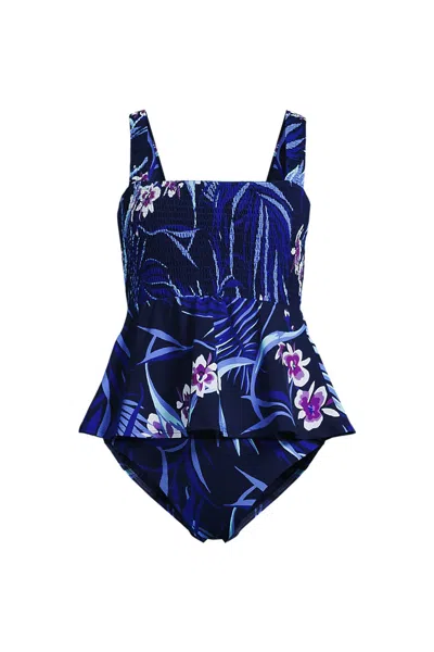 Lands' End Women's Smocked Tankini Top And High Waisted Bottoms Swimsuit Set In Blue