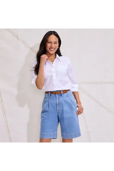 Lands' End Women's Soft Denim High Rise 7" Pleated Trouser Shorts In Blue