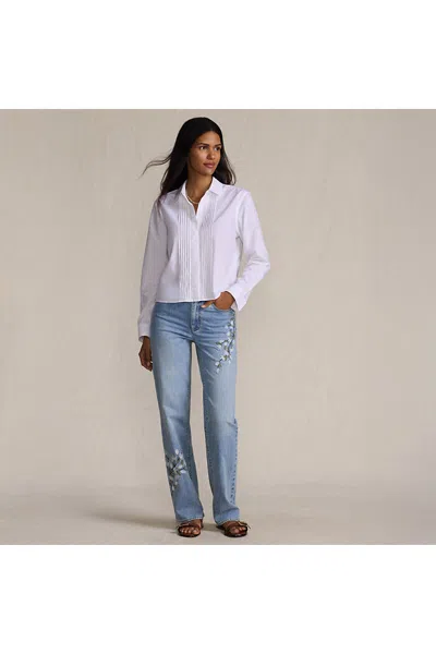 Lands' End Women's Soft Denim Mid Rise Relaxed Straight Leg Embroidered Jeans In Blue