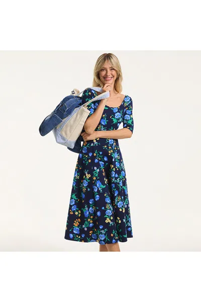 Lands' End Women's Starfish Elbow Sleeve Midi Fit And Flare Dress In Blue