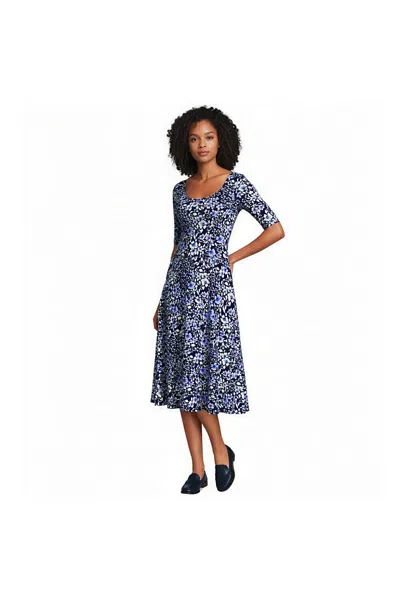 Lands' End Women's Starfish Elbow Sleeve Midi Fit And Flare Dress In Blue