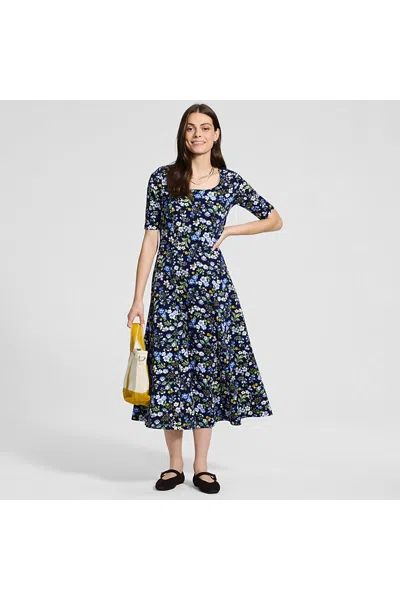 Lands' End Women's Starfish Elbow Sleeve Midi Fit And Flare Dress In Multi