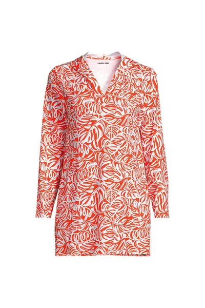 Lands' End Cotton Jersey Long Sleeve Hooded Swim Cover-up Dress In Pink