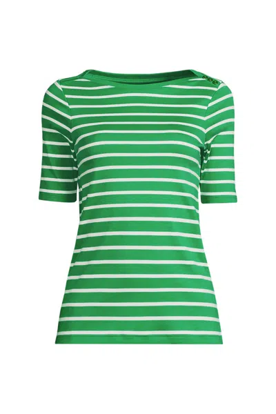 Lands' End Women's Supima Cotton Elbow Sleeve Boatneck Button Shoulder Tee In Green