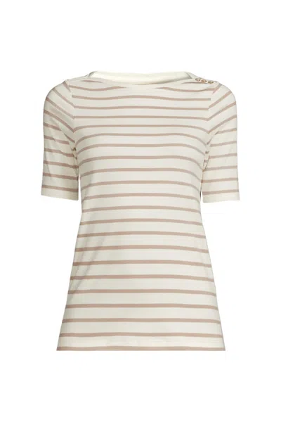 Lands' End Women's Supima Cotton Elbow Sleeve Boatneck Button Shoulder Tee In Neutral