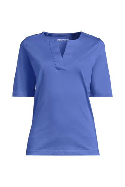 Lands' End Women's Supima Jersey Half Sleeve Splitneck Shirt In Blue