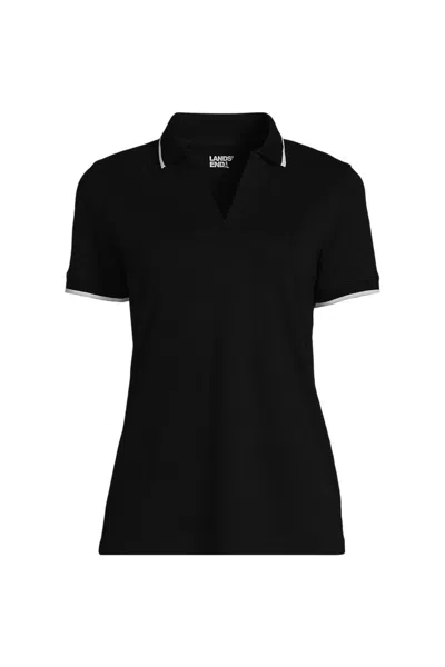 Lands' End Women's Supima Short Sleeve Tipped Johnny Collar Polo Shirt In Black