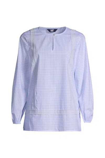Lands' End Women's Tall Cotton Long Sleeve Split Neck Tunic Top In Blue