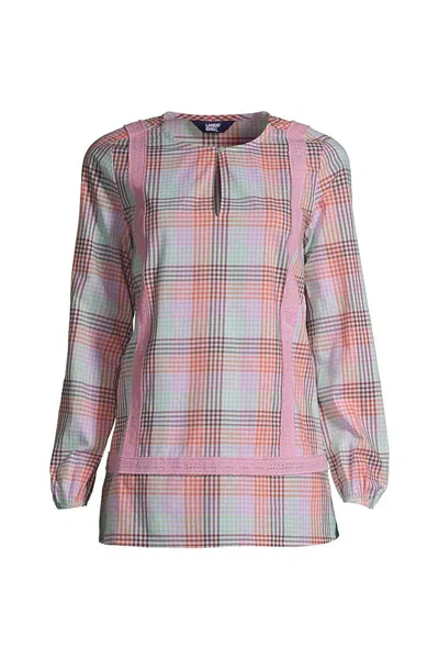 Lands' End Women's Tall Cotton Long Sleeve Split Neck Tunic Top In Pink