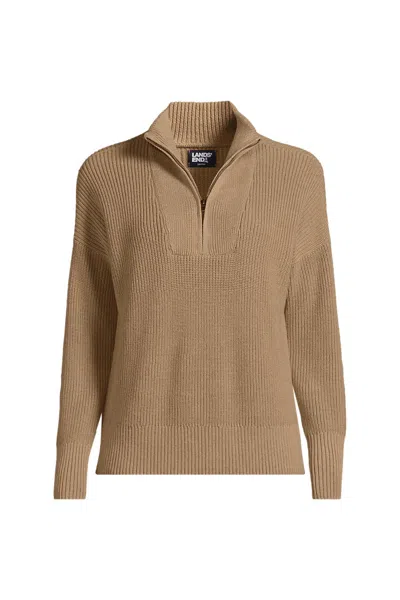 Lands' End Women's Tall Drifter Cotton Quarter Zip Pullover Sweater In Brown