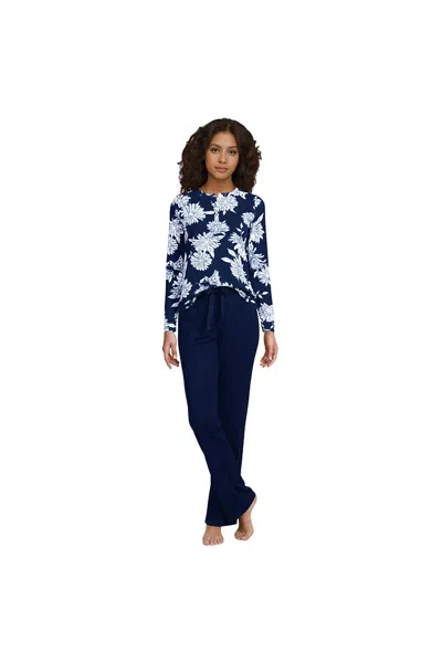 Lands' End Women's Tall Knit 2 Piece Pajama Set - Long Sleeve Top And Pants In Blue