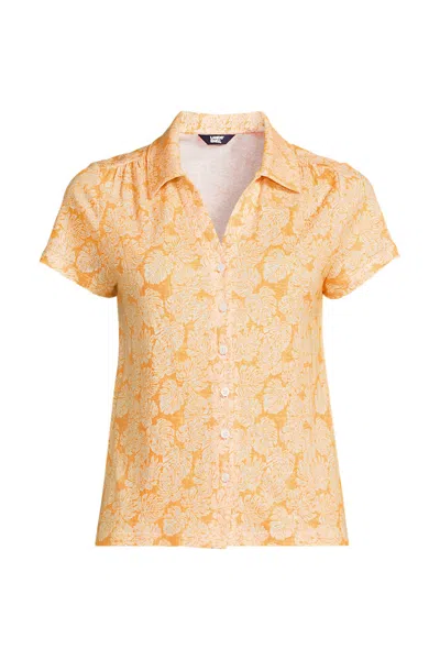Lands' End Women's Tall Linen Blend Short Sleeve Button Front Polo Top In Orange