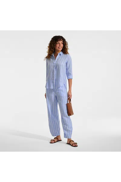 Lands' End Women's Tall Linen High Rise Pleated Barrel Leg Ankle Pants In Blue