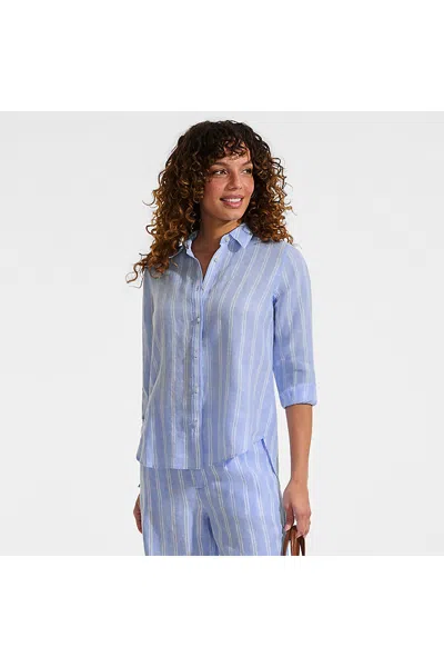 Lands' End Women's Tall Linen Long Sleeve Feminine Shirt In Blue