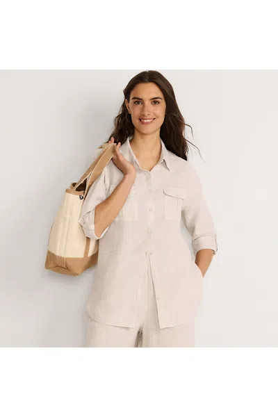 Lands' End Women's Tall Linen Roll Sleeve Relaxed Tunic Top In Ivory